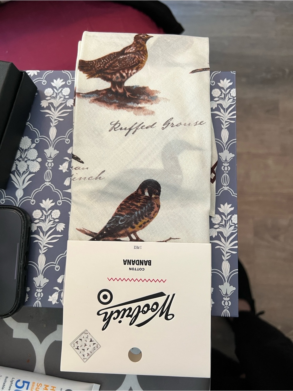 Woolrich Cream Cotton Bandana with Brown Bird Print